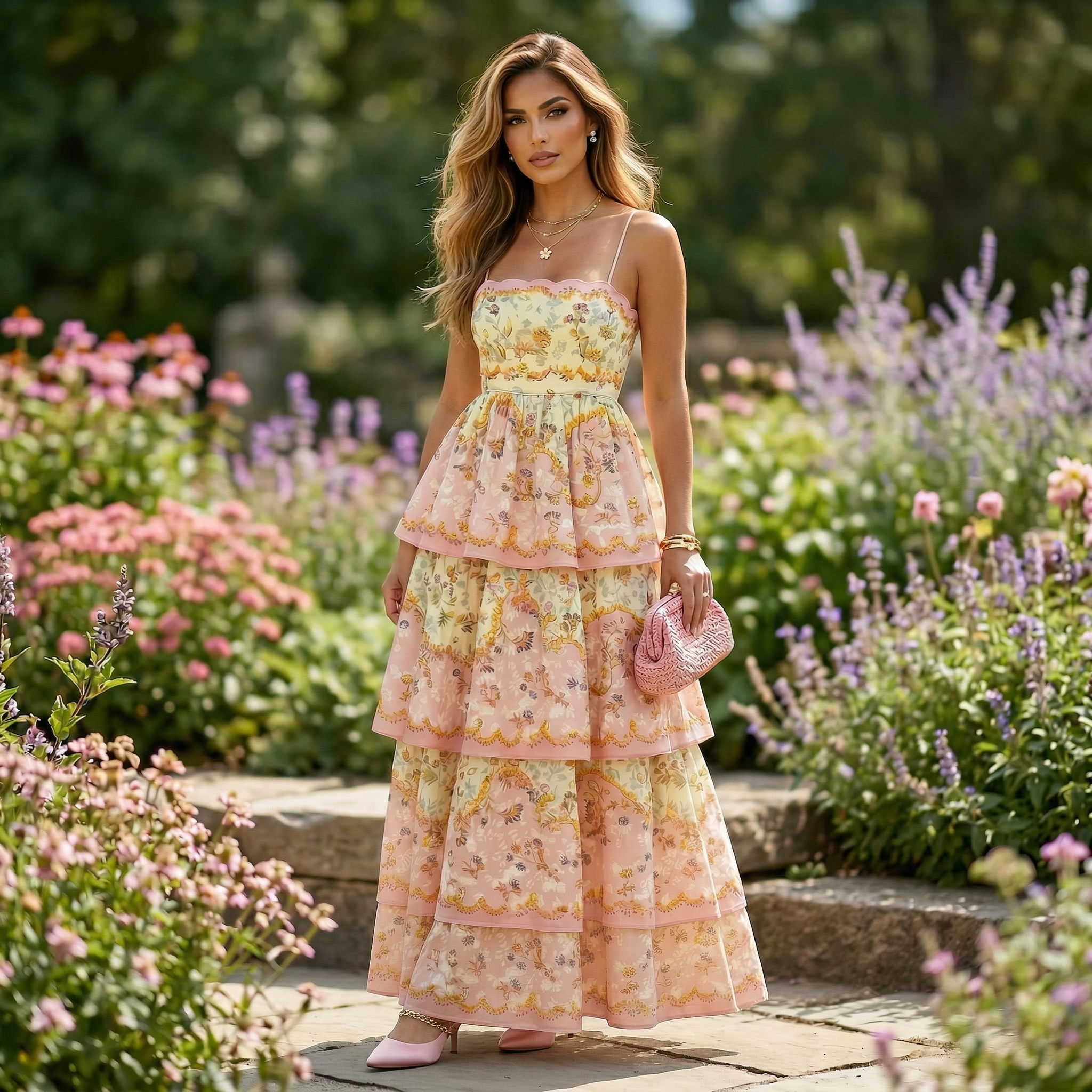 9517 Vestido Capas con Estampado Barroco – Rosa y Dorado Ideal para Fiestas