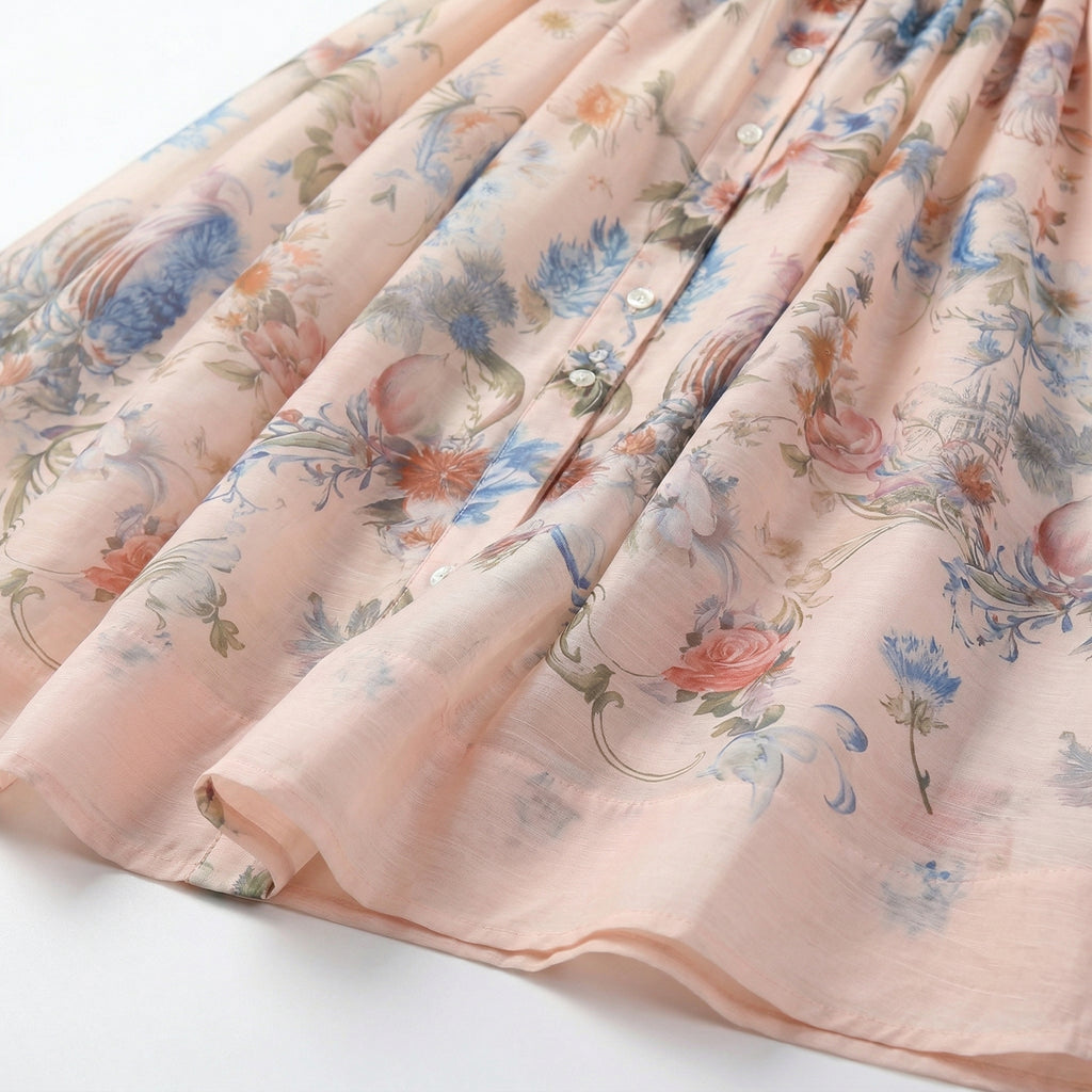 9636 Vestido Vintage con Estampado Floral Artístico y Cinturón Ajustable  Manga Globo Gasa Ligera