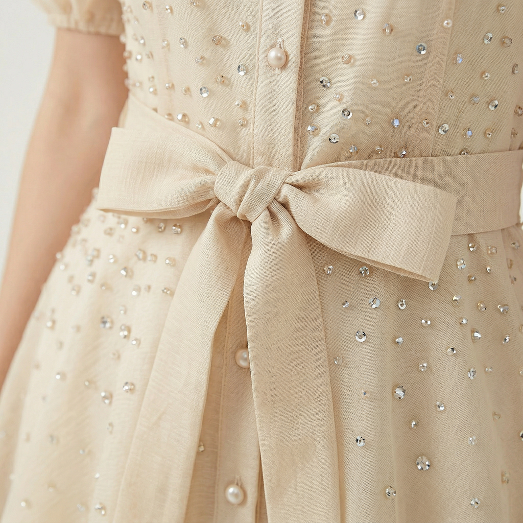 9532 Dos Colores Vestido con Cristales Perdería y Cuello Sacó Cinturón con Hebilla Tendencia para Mujer