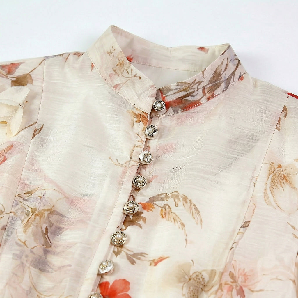 9555 Vestido Floral Vintage con Manga Globo y Cinturón – Gasa Ligera, Estilo Romántico Sirena
