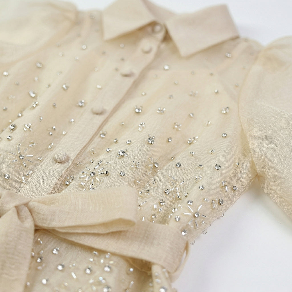 9532 Dos Colores Vestido con Cristales Perdería y Cuello Sacó Cinturón con Hebilla Tendencia para Mujer