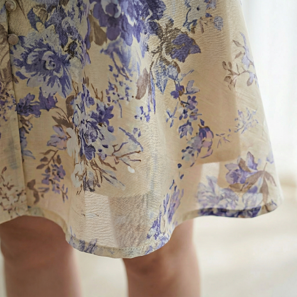 9555 Vestido Floral en Azul Lavanda y Crema – Botones Dorados y Detalles en 3D