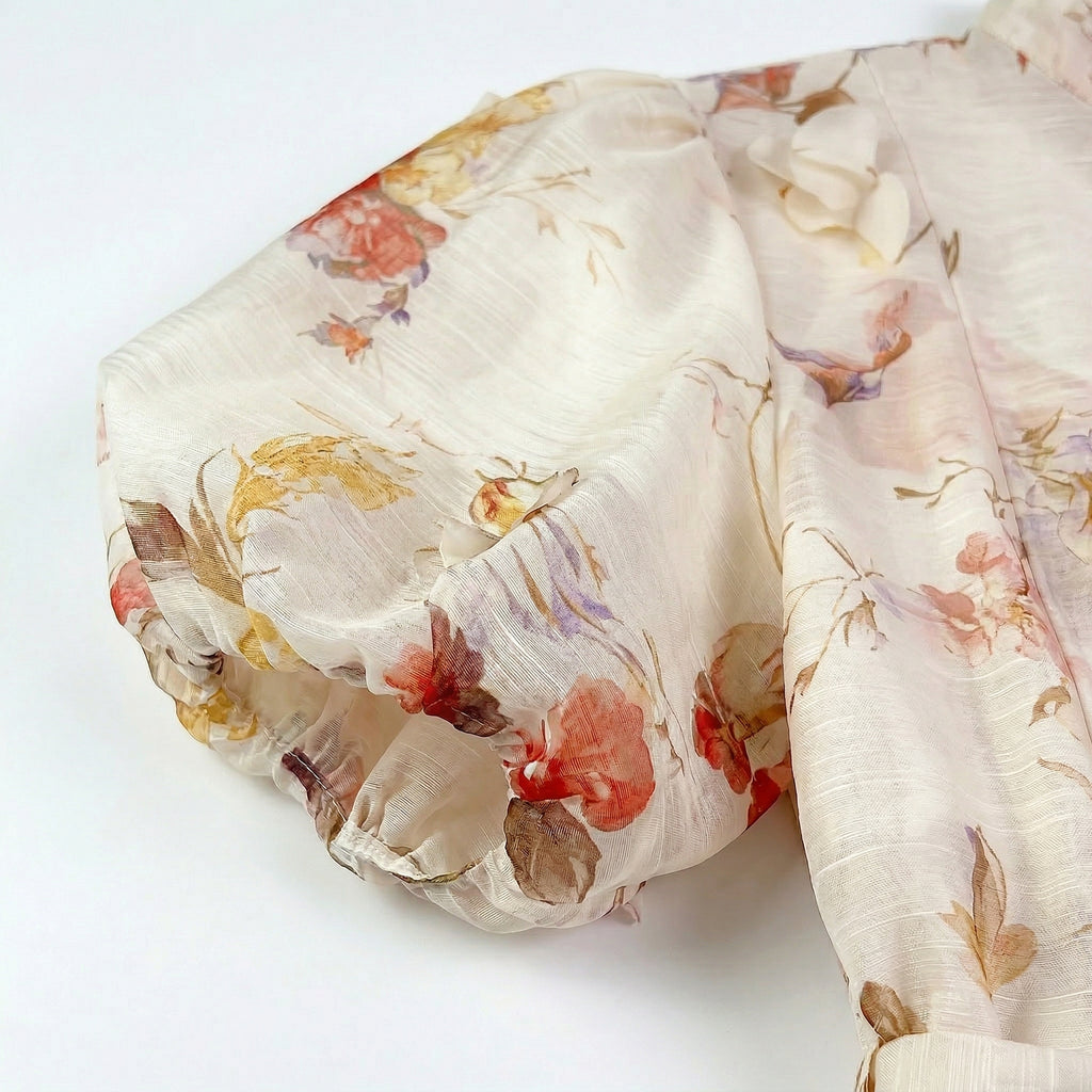 9555 Vestido Floral Vintage con Manga Globo y Cinturón – Gasa Ligera, Estilo Romántico Sirena