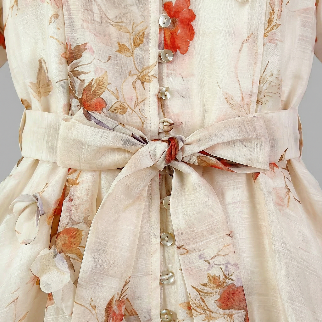 9555 Vestido Floral Vintage con Manga Globo y Cinturón – Gasa Ligera, Estilo Romántico Sirena