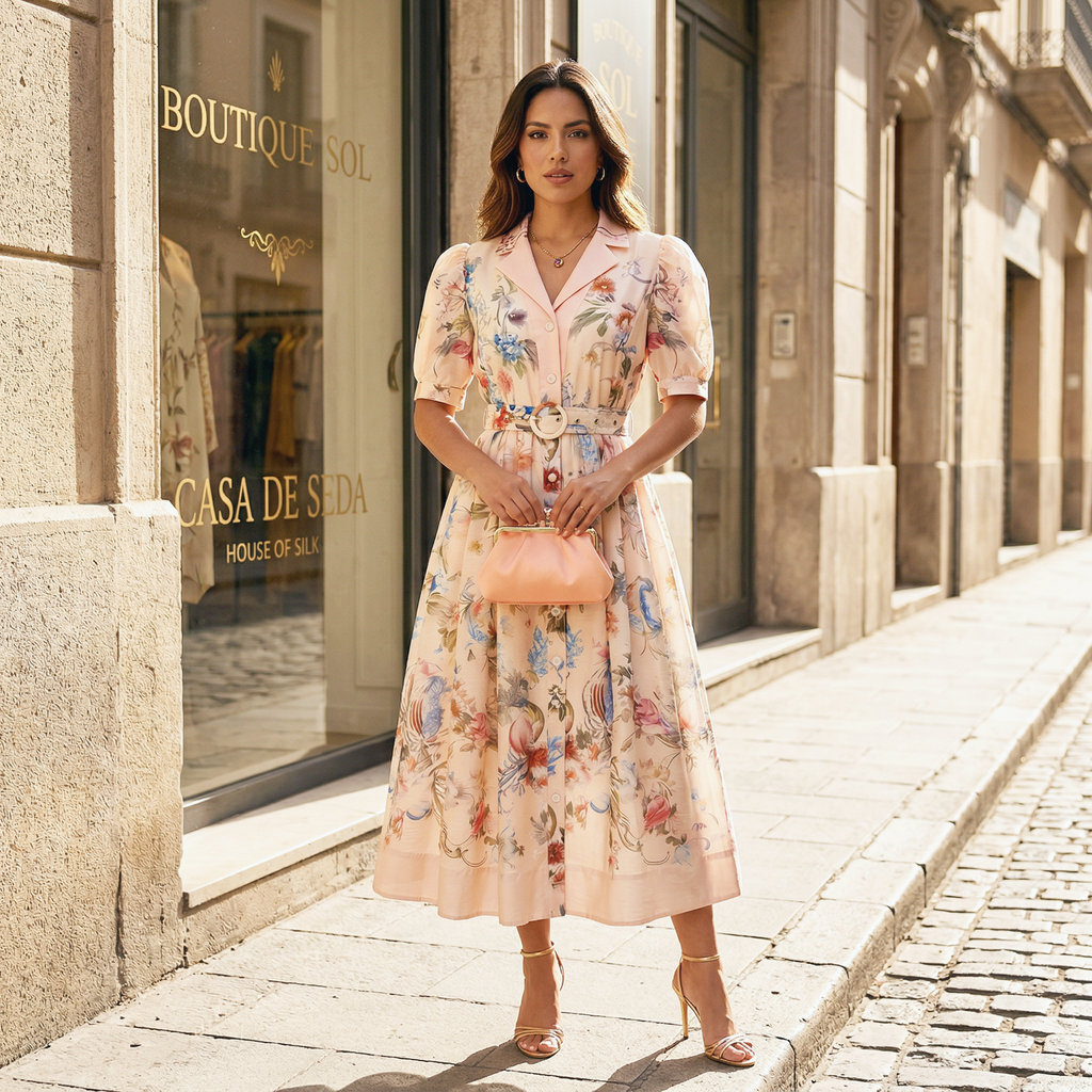 9636 Vestido Vintage con Estampado Floral Artístico y Cinturón Ajustable  Manga Globo Gasa Ligera