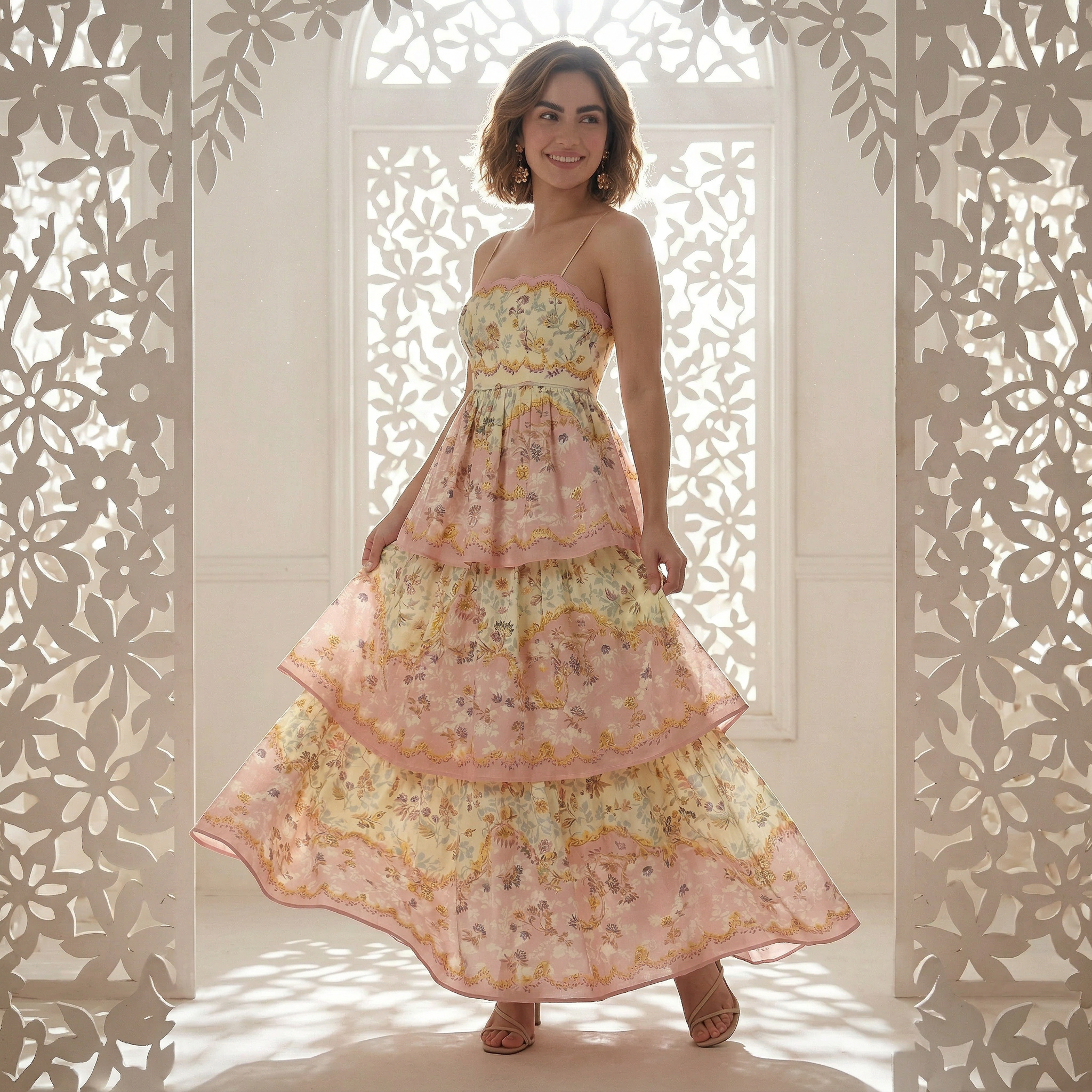 9517 Vestido Capas con Estampado Barroco – Rosa y Dorado Ideal para Fiestas
