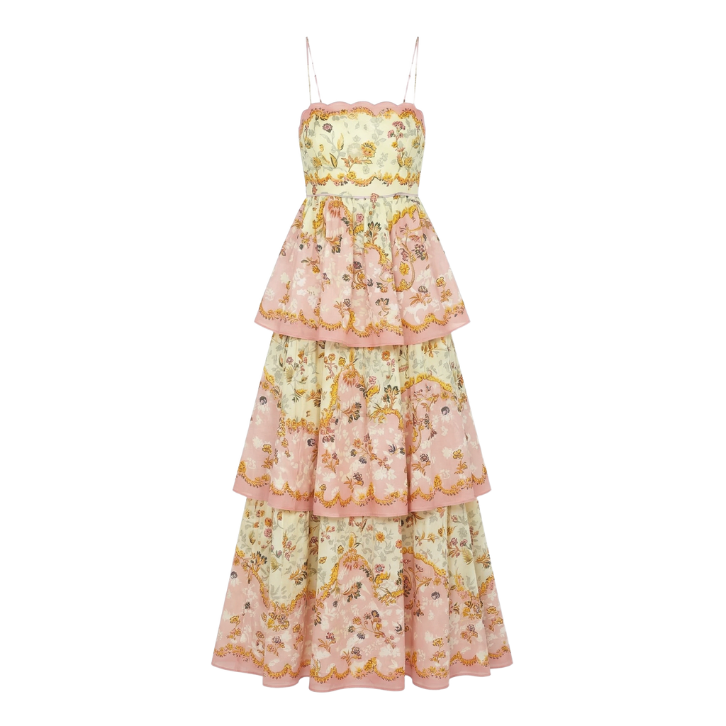 9517 Vestido Capas con Estampado Barroco – Rosa y Dorado Ideal para Fiestas