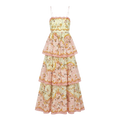 9517 Vestido Capas con Estampado Barroco – Rosa y Dorado Ideal para Fiestas