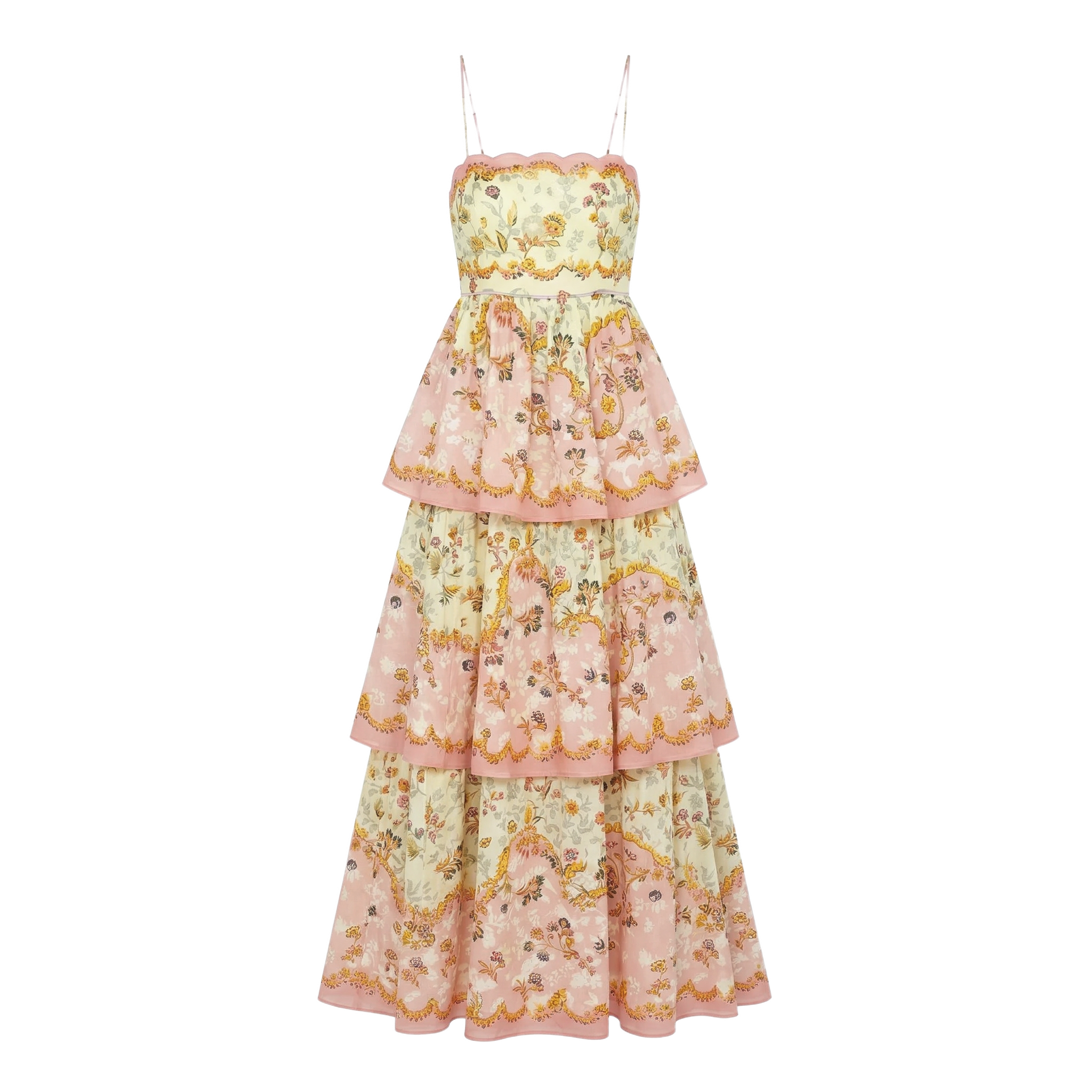 9517 Vestido Capas con Estampado Barroco – Rosa y Dorado Ideal para Fiestas