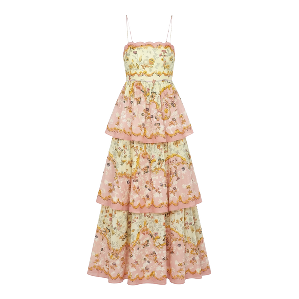 9517 Vestido Capas con Estampado Barroco – Rosa y Dorado Ideal para Fiestas