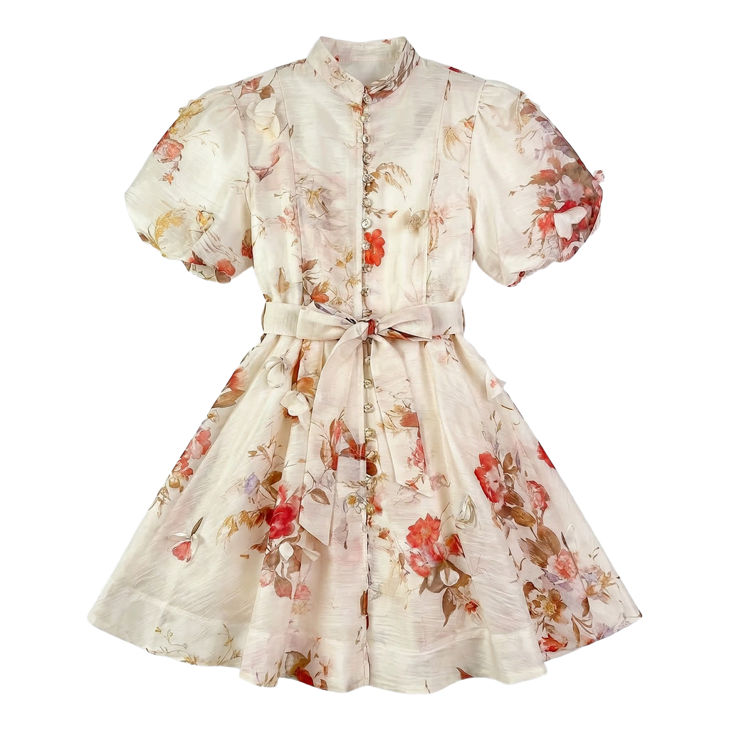 9555 Vestido Floral Vintage con Manga Globo y Cinturón – Gasa Ligera, Estilo Romántico Sirena