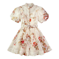 9555 Vestido Floral Vintage con Manga Globo y Cinturón – Gasa Ligera, Estilo Romántico Sirena