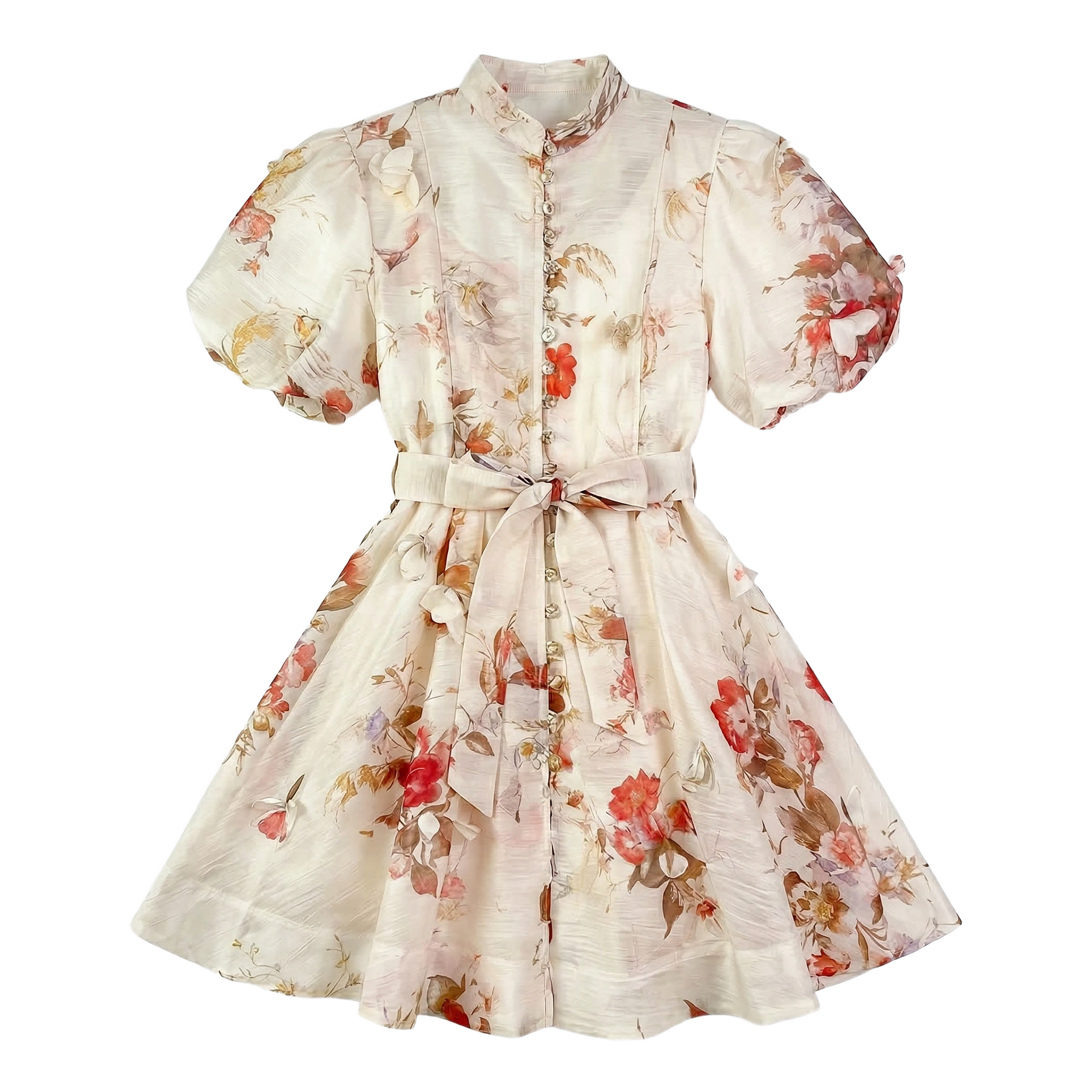 9555 Vestido Floral Vintage con Manga Globo y Cinturón – Gasa Ligera, Estilo Romántico Sirena