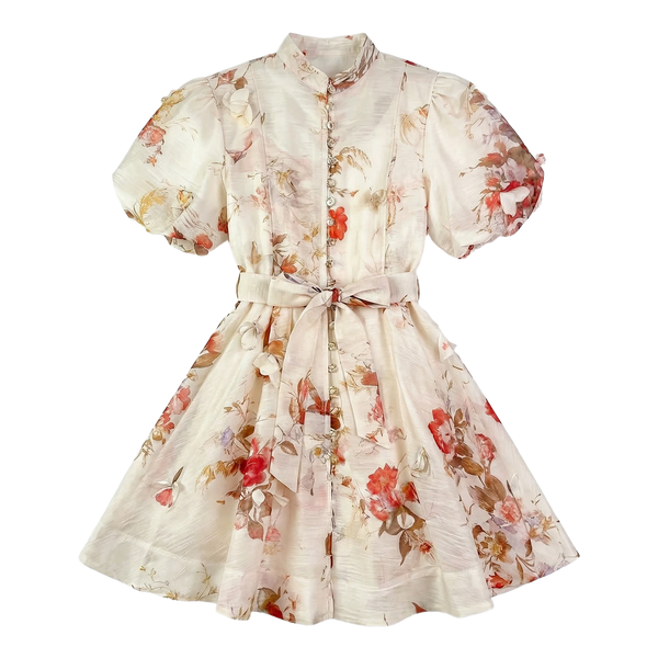 9555 Vestido Floral Vintage con Manga Globo y Cinturón – Gasa Ligera, Estilo Romántico Sirena