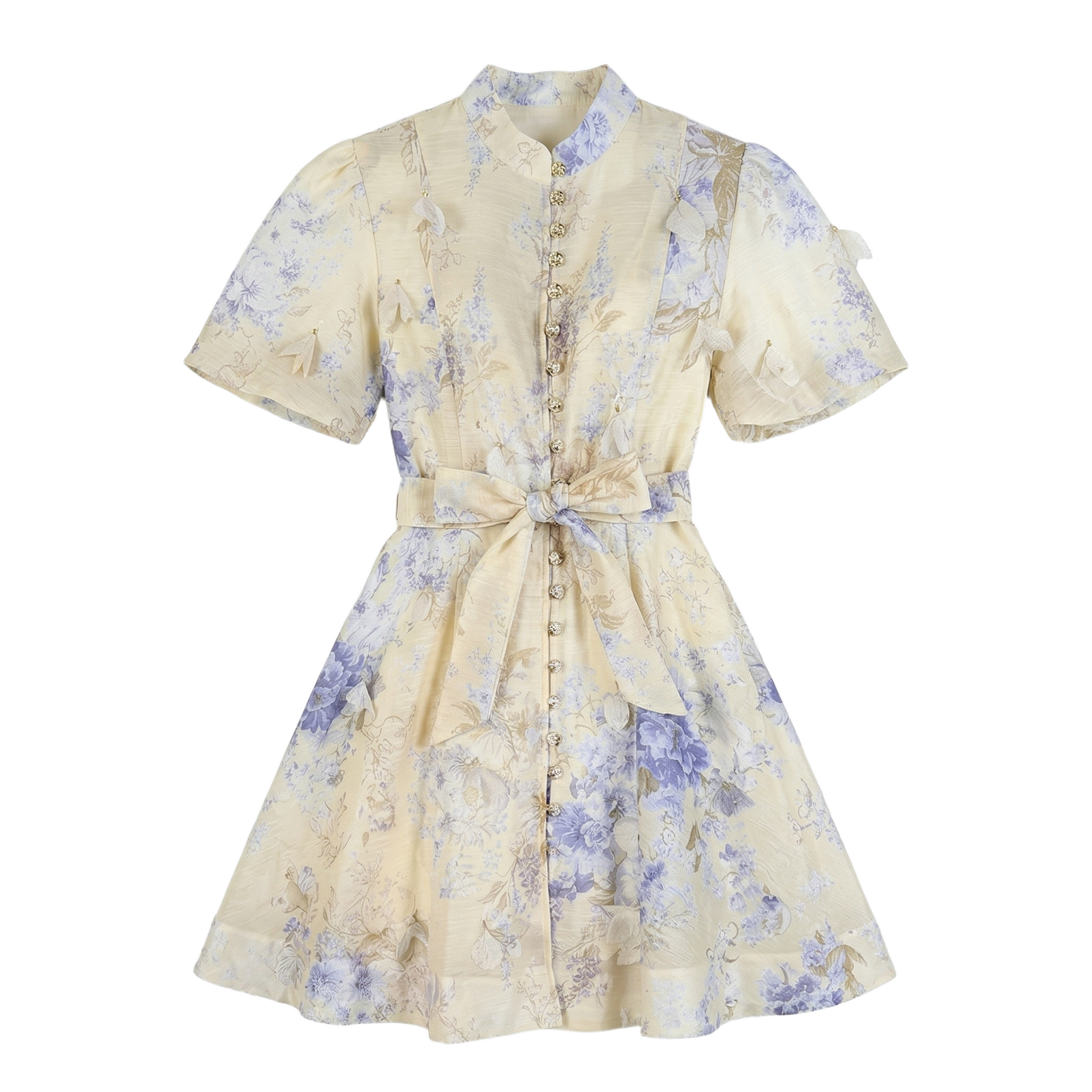 9555 Vestido Floral en Azul Lavanda y Crema – Botones Dorados y Detalles en 3D