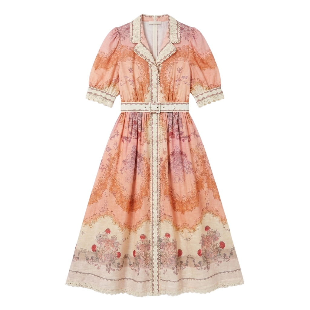 9588 Vestido con Estampado Barroco y Cuello Picado Cinturón Blanco Look Boho Chic | Rosa · Azul