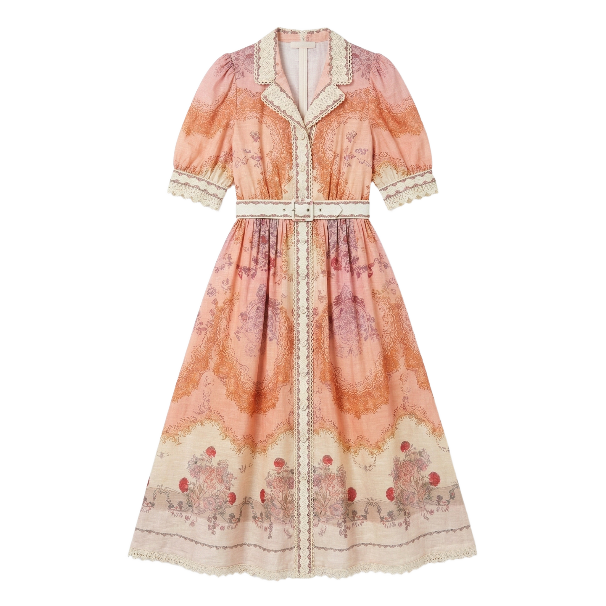 9588 Vestido con Estampado Barroco y Cuello Picado Cinturón Blanco Look Boho Chic | Rosa · Azul