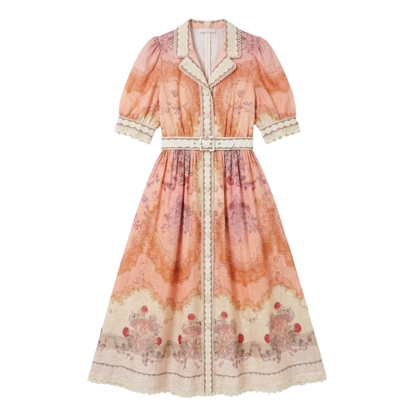 9588 Vestido con Estampado Barroco y Cuello Picado Cinturón Blanco Look Boho Chic | Rosa · Azul