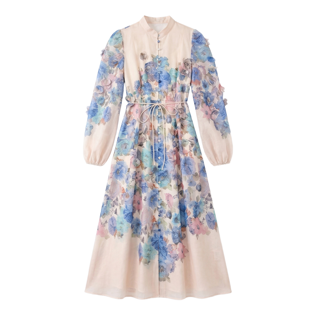 9661 Vestido con Estampado Acuarela en Azul y Rosa, Hojas en 3D – Cuello Mao, Elegancia Boho Chic