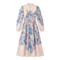 9661 Vestido con Estampado Acuarela en Azul y Rosa, Hojas en 3D – Cuello Mao, Elegancia Boho Chic