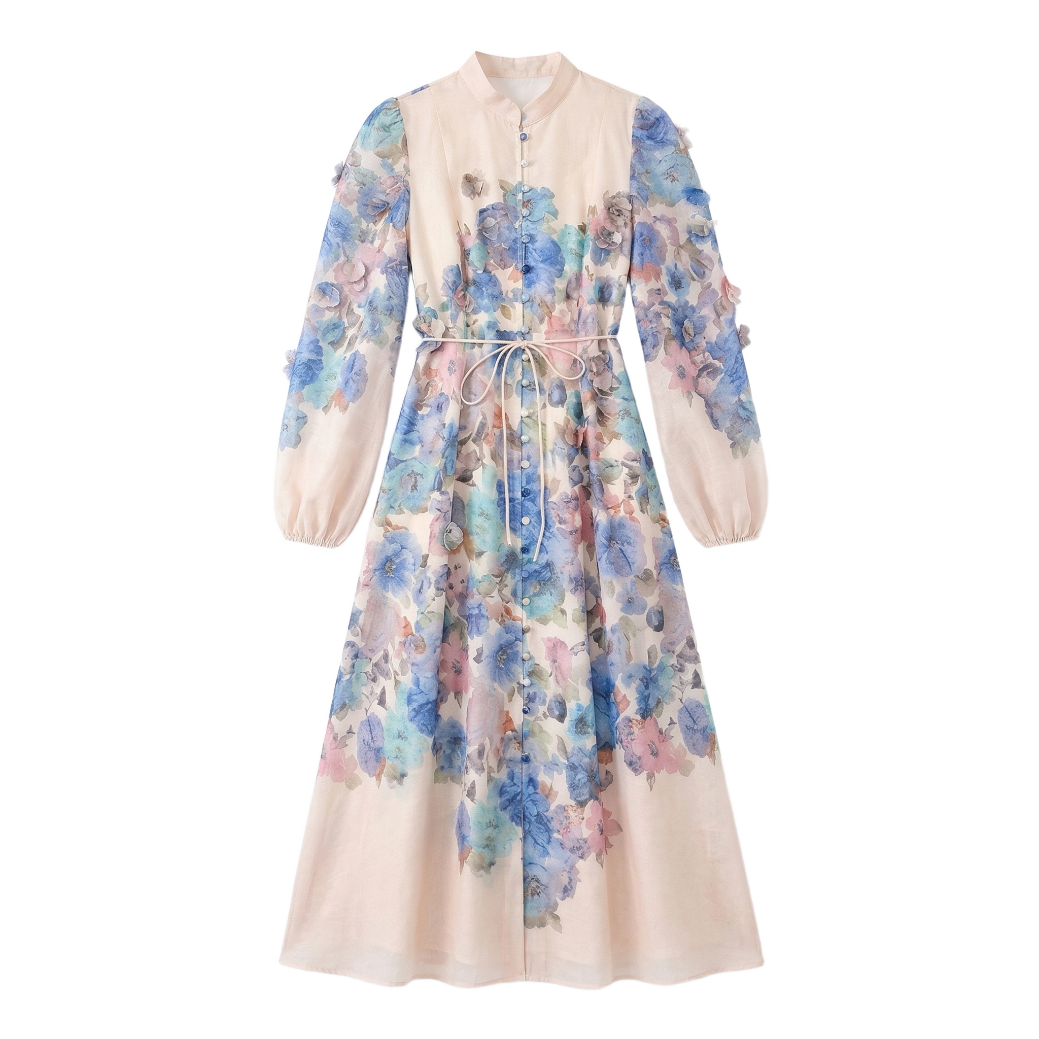 9661 Vestido con Estampado Acuarela en Azul y Rosa, Hojas en 3D – Cuello Mao, Elegancia Boho Chic
