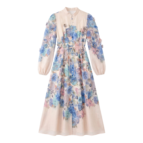 9661 Vestido con Estampado Acuarela en Azul y Rosa, Hojas en 3D – Cuello Mao, Elegancia Boho Chic