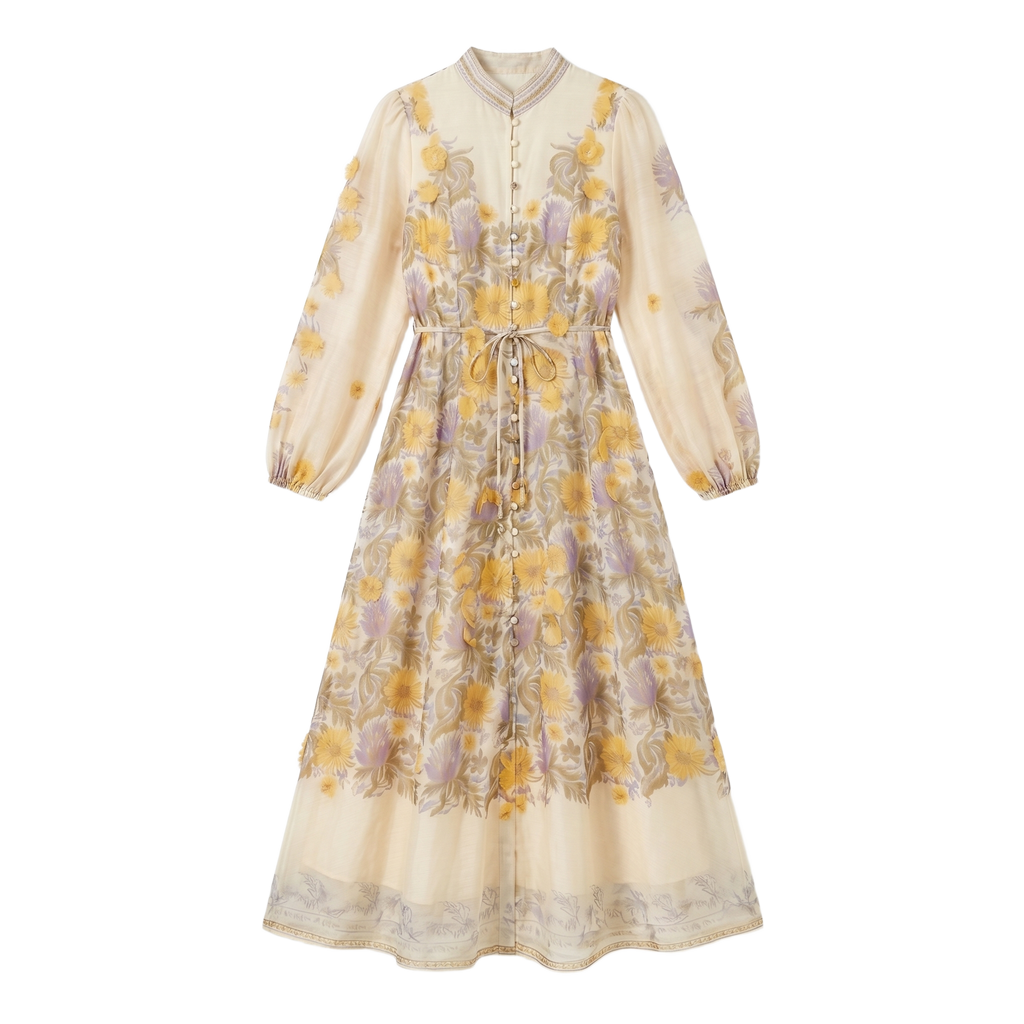 9661 Vestido Amarillo con Flores 3D en Lilas  Manga Larga Cinturón Lazada ¡Romántico y Único!