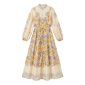 9661 Vestido Amarillo con Flores 3D en Lilas  Manga Larga Cinturón Lazada ¡Romántico y Único!