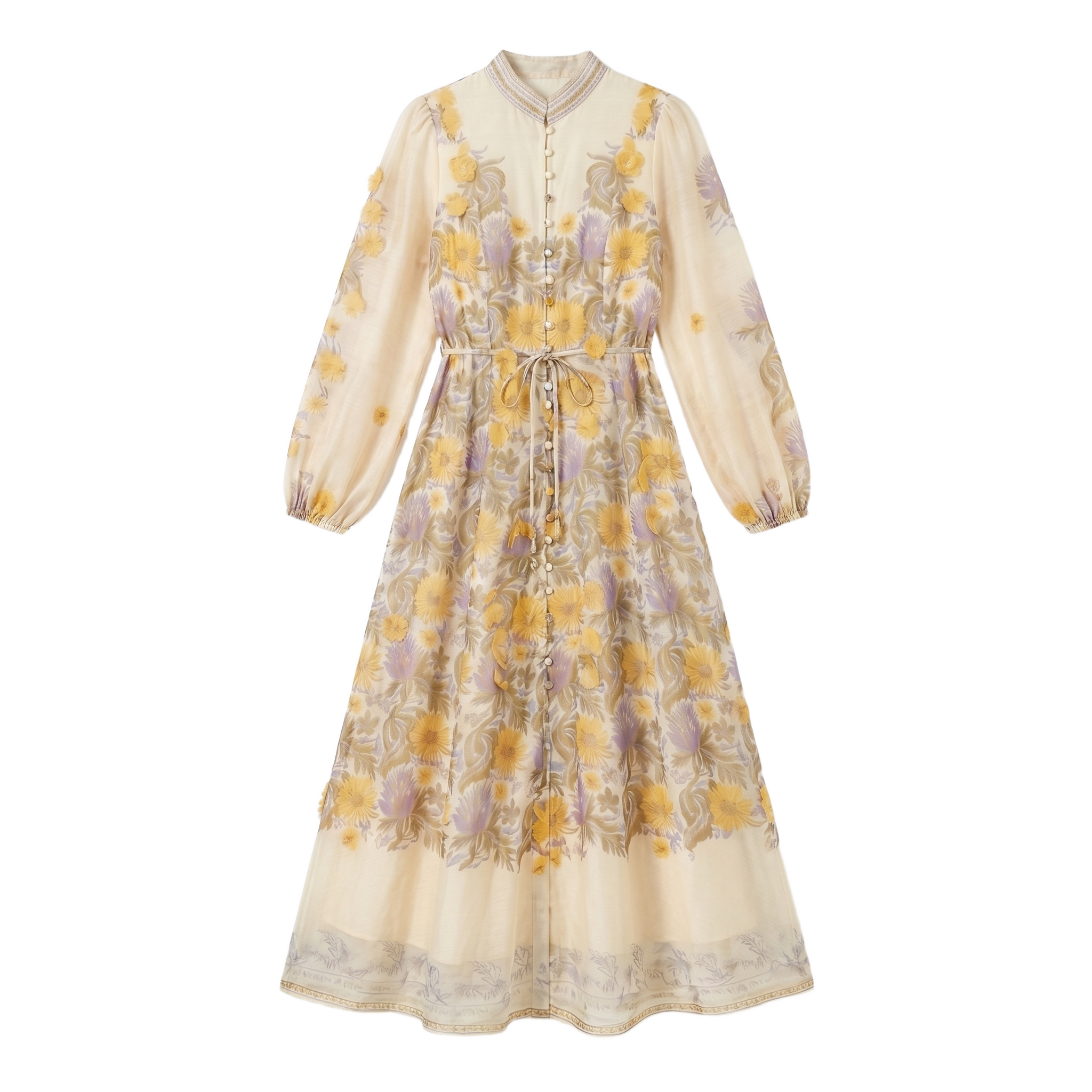 9661 Vestido Amarillo con Flores 3D en Lilas  Manga Larga Cinturón Lazada ¡Romántico y Único!
