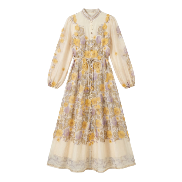 9661 Vestido Amarillo con Flores 3D en Lilas  Manga Larga Cinturón Lazada ¡Romántico y Único!