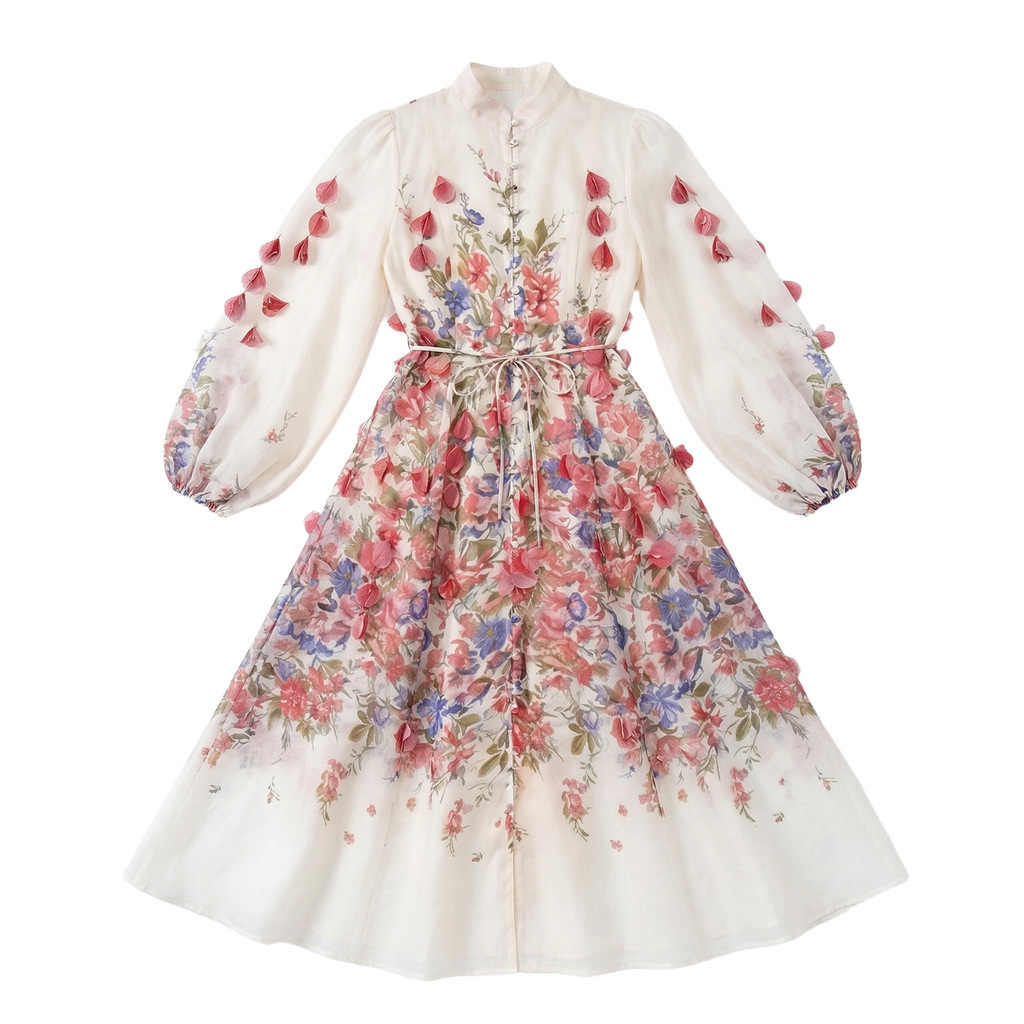 9661 Vestido Rojo con Hojas 3D Manga Larga Cinturón Lazada ¡Romántico y Único!