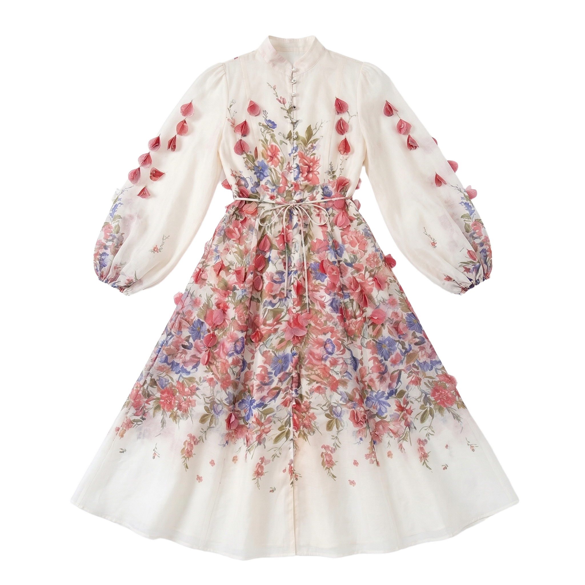 9661 Vestido Rojo con Hojas 3D Manga Larga Cinturón Lazada ¡Romántico y Único!