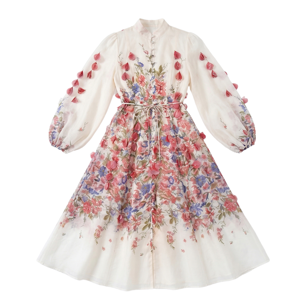 9661 Vestido Rojo con Hojas 3D Manga Larga Cinturón Lazada ¡Romántico y Único!