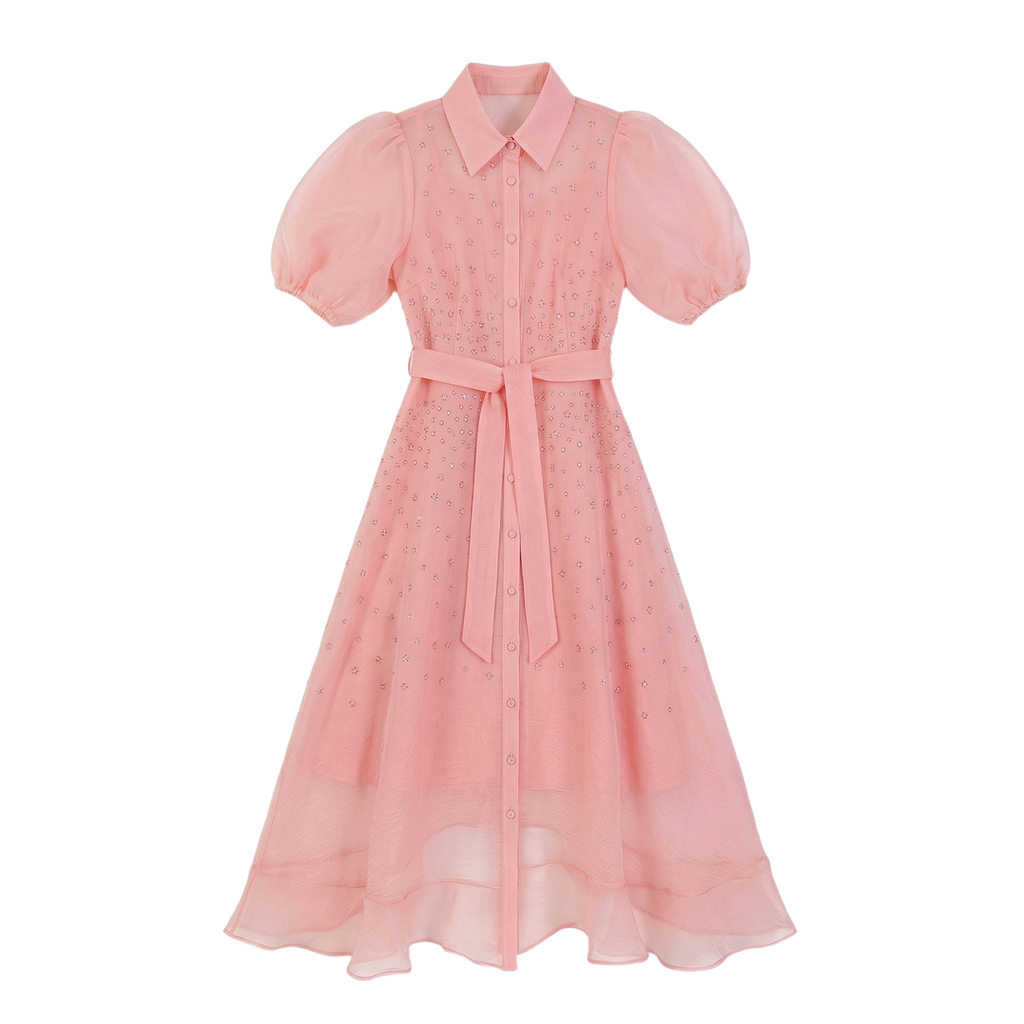 9532 Dos Colores Vestido con Cristales Perdería y Cuello Sacó Cinturón con Hebilla Tendencia para Mujer