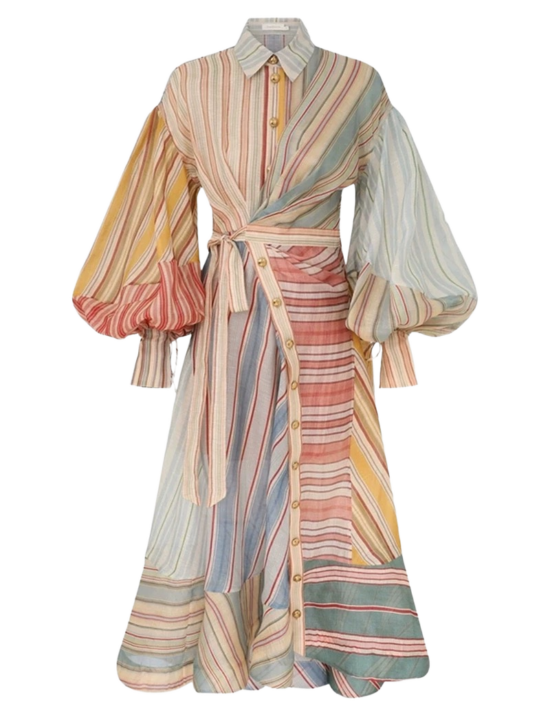 9523 Vestido Patchwork de Rayas Multicolor Manga Globo y Cintura Definida