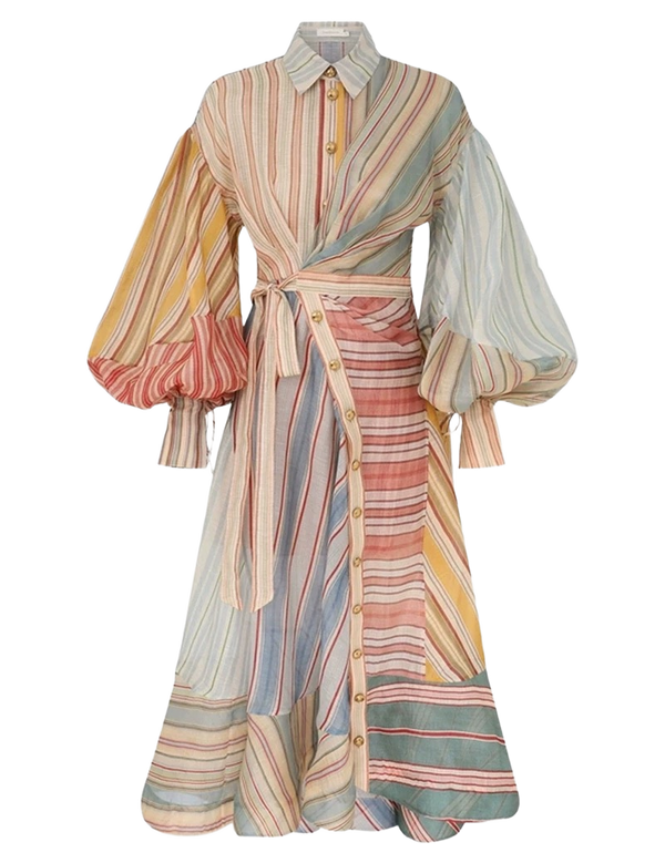9523 Vestido Patchwork de Rayas Multicolor Manga Globo y Cintura Definida