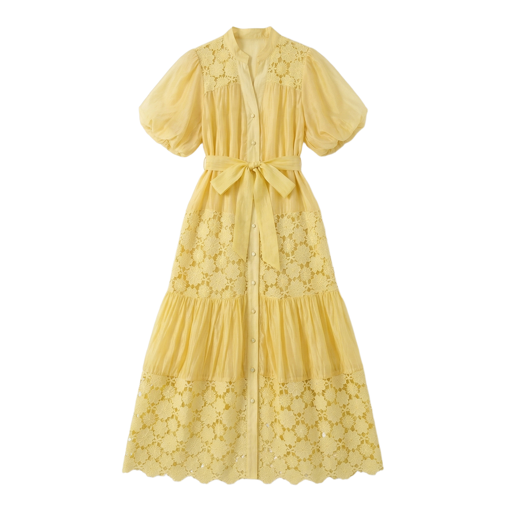9573 Vestido Amarillo con Encaje Floral y Capas  Manga Globo Corte A-Line ¡Muy Dulce