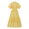 9573 Vestido Amarillo con Encaje Floral y Capas  Manga Globo Corte A-Line ¡Muy Dulce