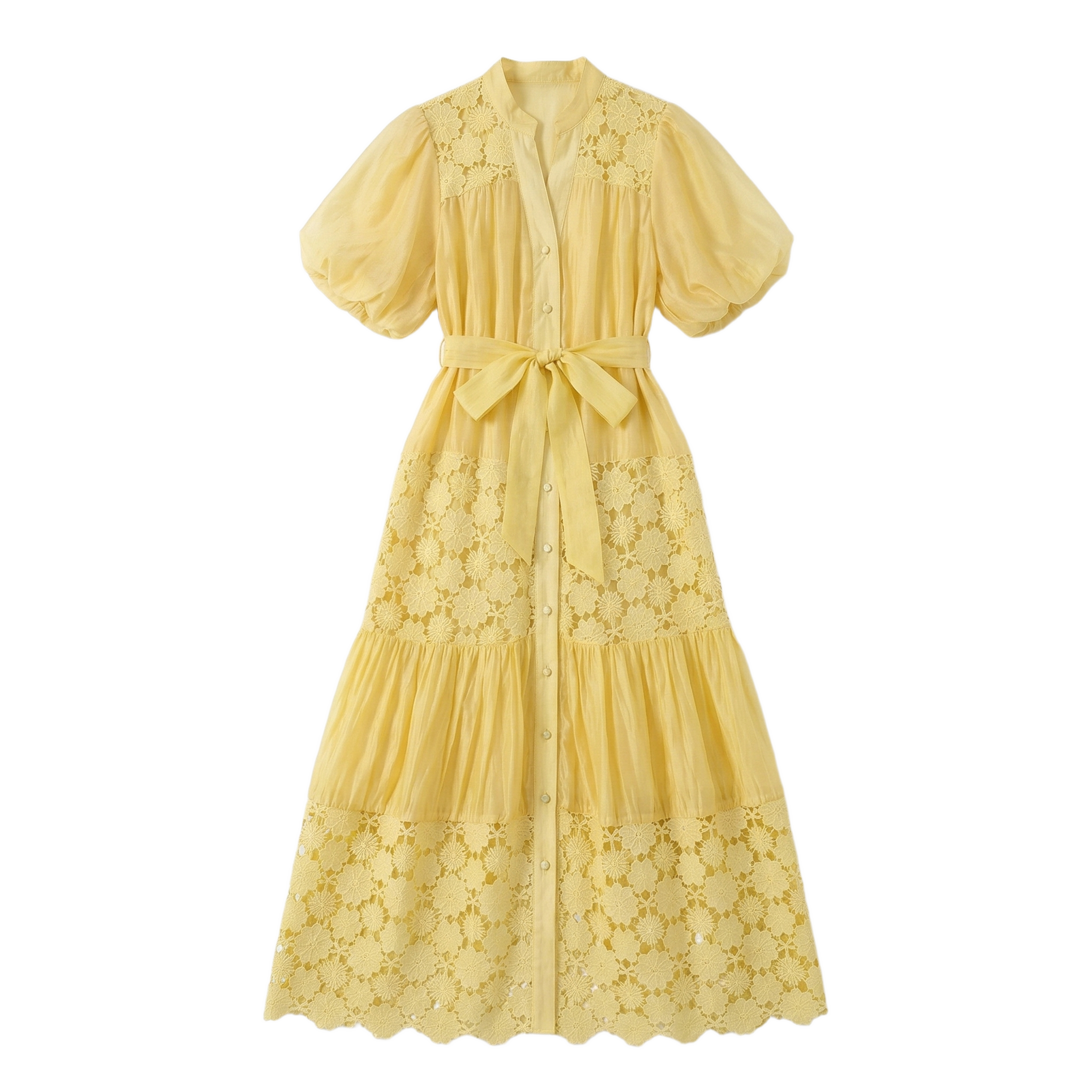 9573 Vestido Amarillo con Encaje Floral y Capas  Manga Globo Corte A-Line ¡Muy Dulce
