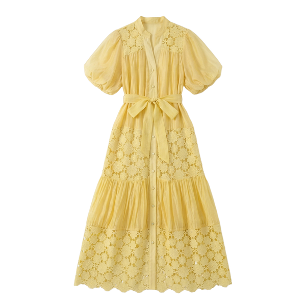 9573 Vestido Amarillo con Encaje Floral y Capas  Manga Globo Corte A-Line ¡Muy Dulce