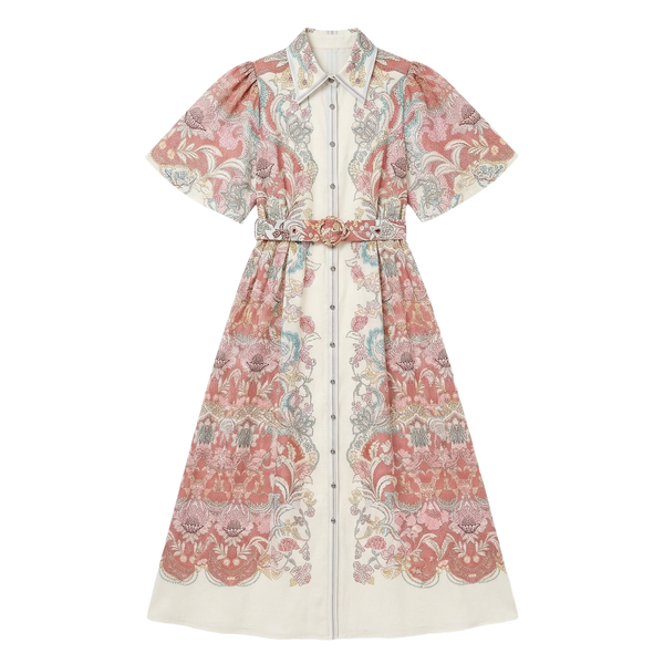 9637 Dos Colores Vestido Vintage con Estampado Floral Artístico y Cinturón Ajustable Manga Globo Gasa Liger