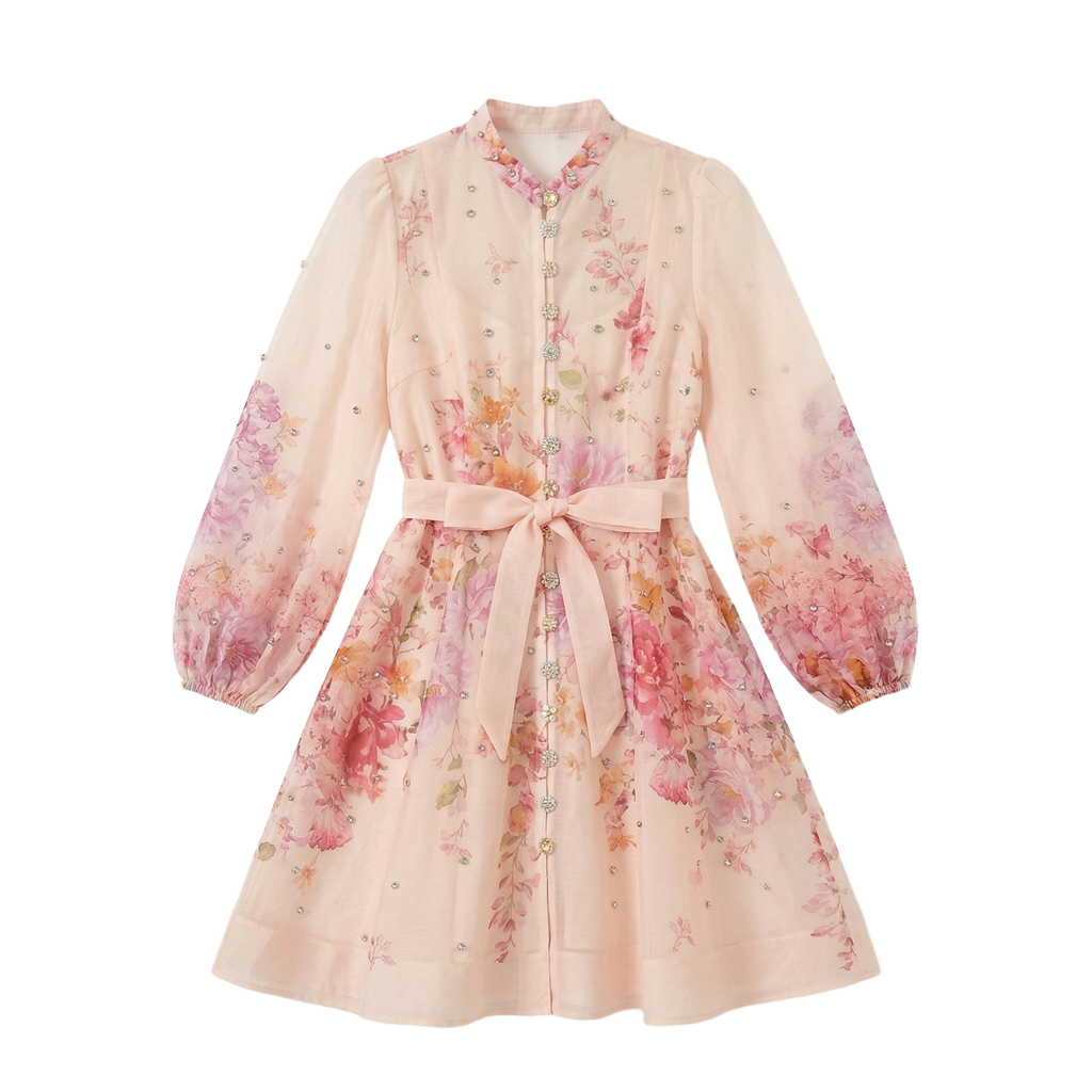 2968 Vestido Rosa Pálido con Pedrería y Flores Impresas – Elegancia Dulce y Femenina