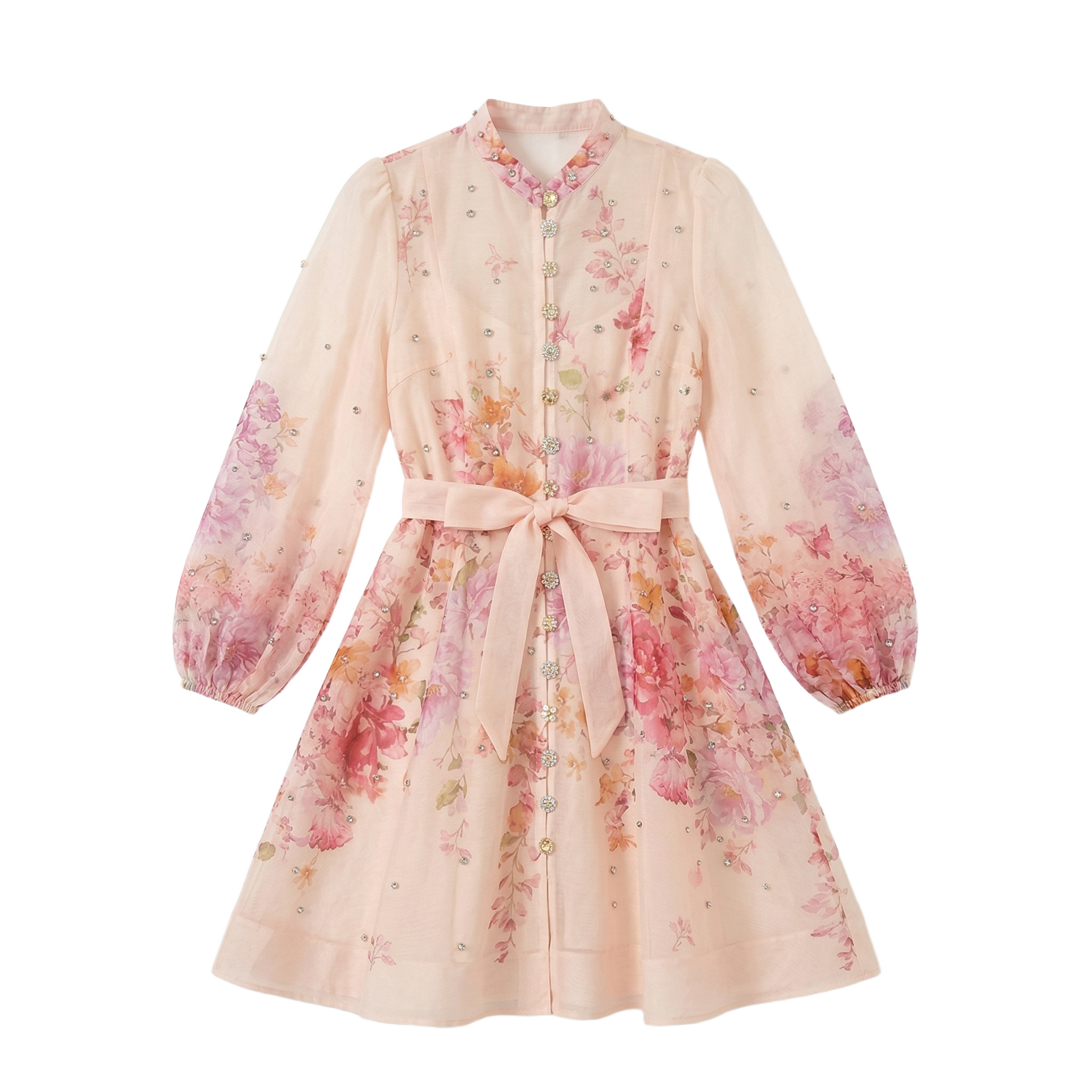 2968 Vestido Rosa Pálido con Pedrería y Flores Impresas – Elegancia Dulce y Femenina