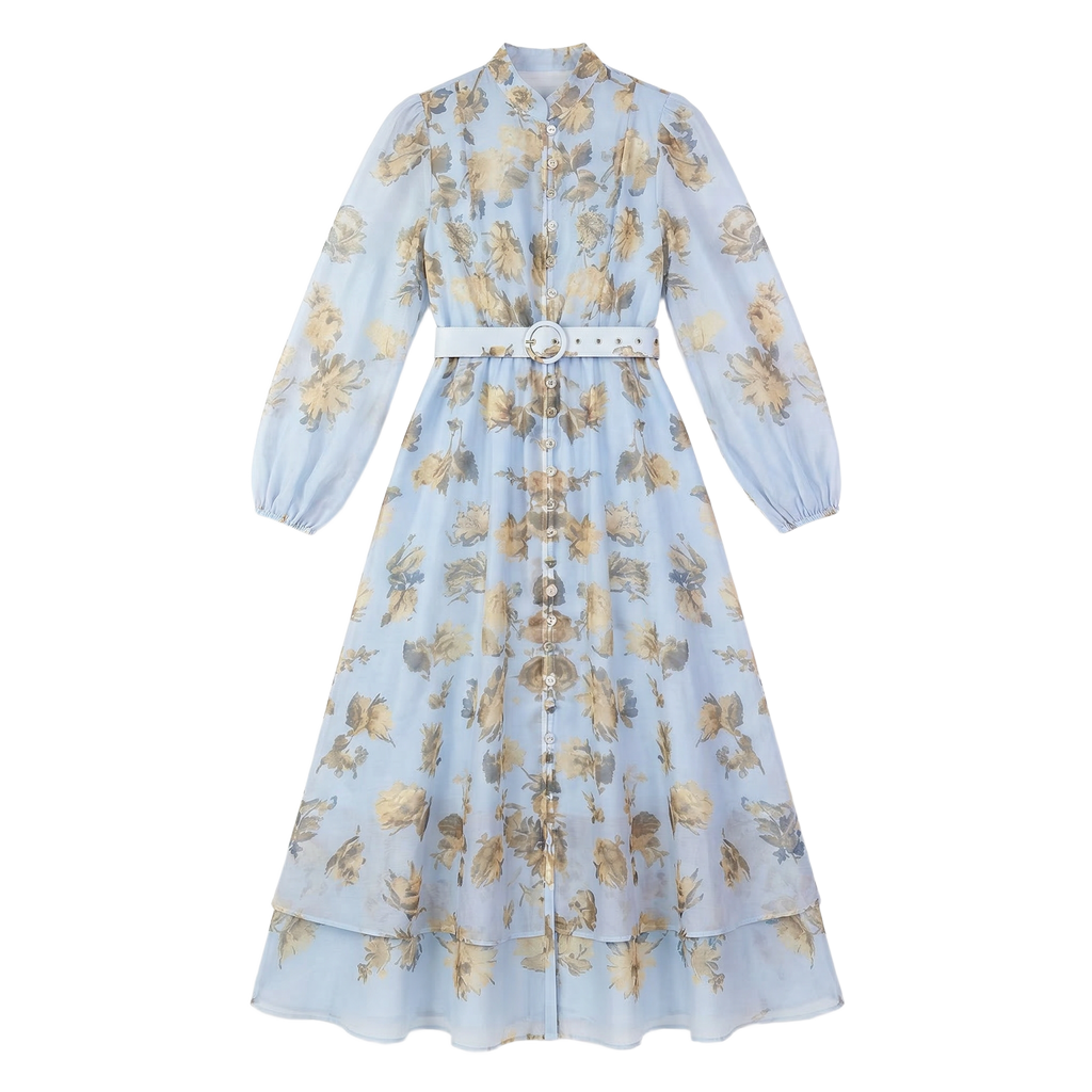 9630 Vestido Azul Celeste con Flores Doradas y Cinturón Manga Larga Transparencia Suave