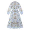 9630 Vestido Azul Celeste con Flores Doradas y Cinturón Manga Larga Transparencia Suave