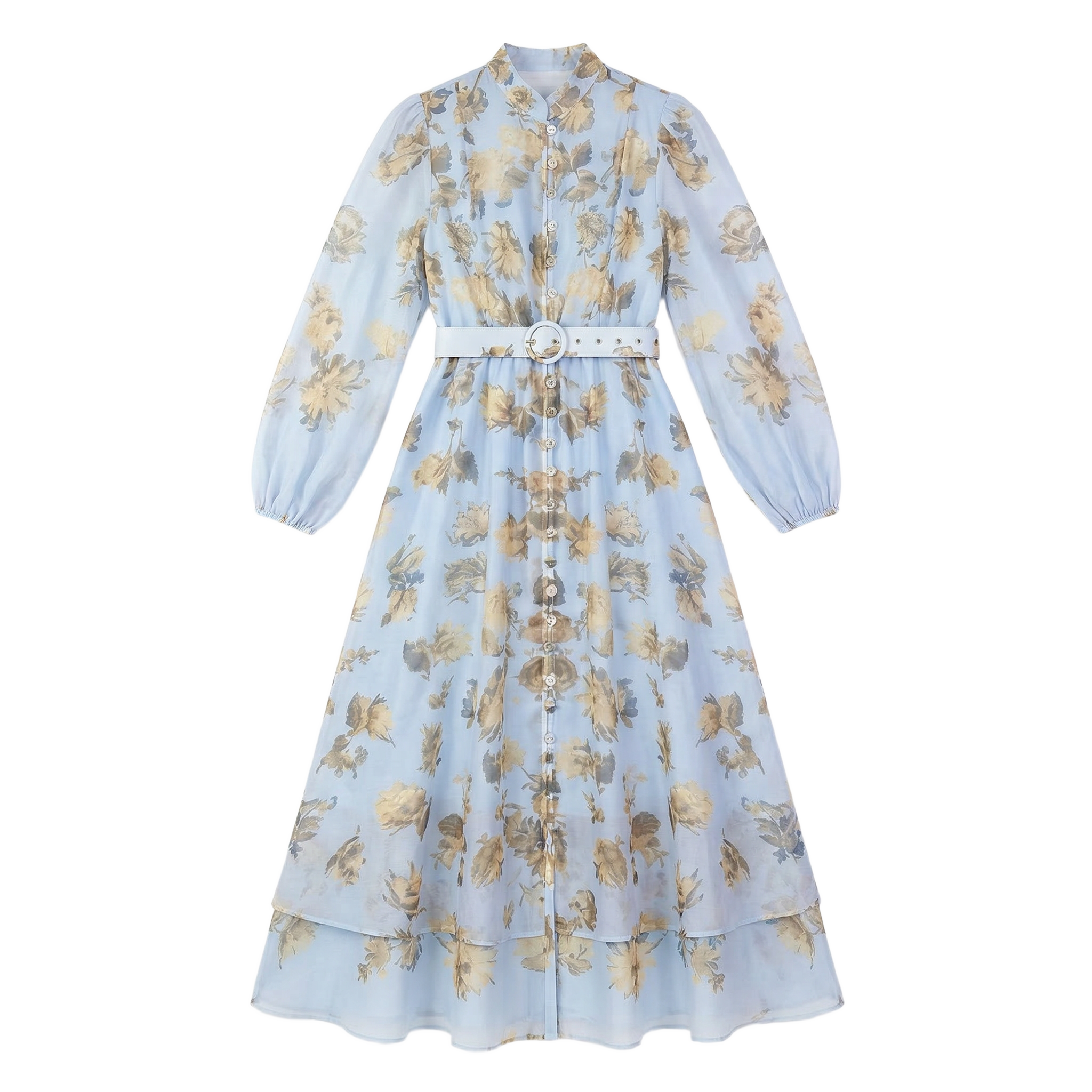 9630 Vestido Azul Celeste con Flores Doradas y Cinturón Manga Larga Transparencia Suave