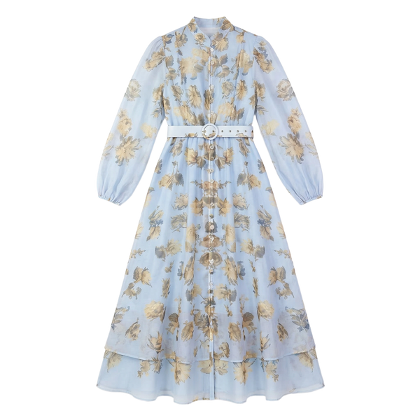 9630 Vestido Azul Celeste con Flores Doradas y Cinturón Manga Larga Transparencia Suave