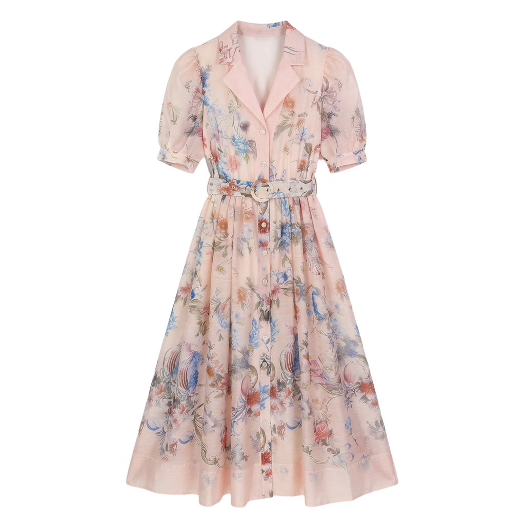 9636 Vestido Vintage con Estampado Floral Artístico y Cinturón Ajustable  Manga Globo Gasa Ligera
