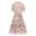 9636 Vestido Vintage con Estampado Floral Artístico y Cinturón Ajustable  Manga Globo Gasa Ligera