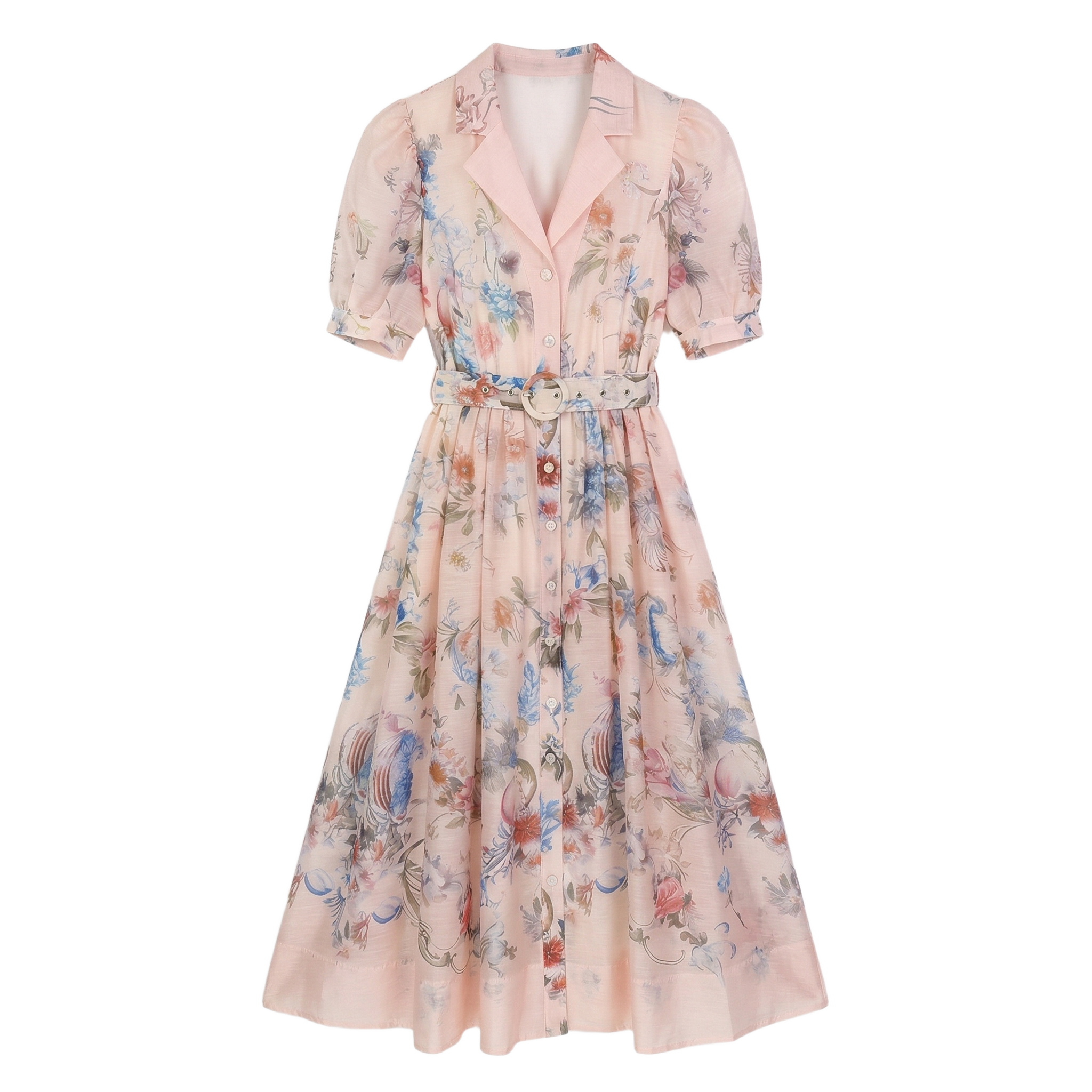 9636 Vestido Vintage con Estampado Floral Artístico y Cinturón Ajustable  Manga Globo Gasa Ligera